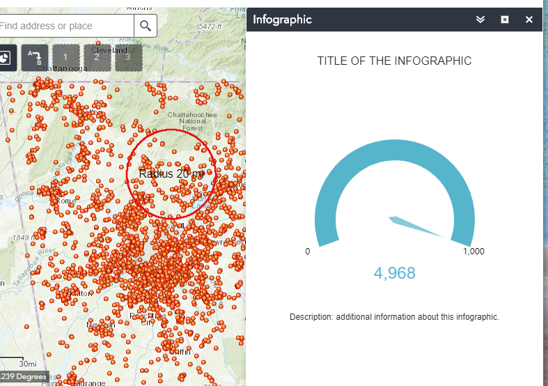 Image of app builder with infographic widget and drive/distance widget drive time circle.